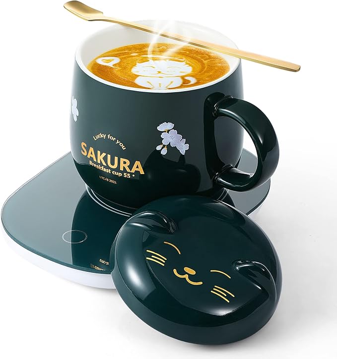 Honeydak Coffee Mug Warmer Cute Cat Mug Set Cup Warmer for Women Heated Coffee Warmers for Mom Home Office Desk Valentine's Day Anniversary Birthday Gifts(Sakura,Green)