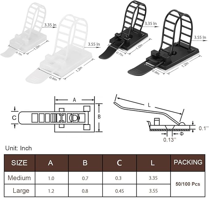 50Pcs Adhesive Cable Management Clips with 50Pcs Zip Ties, Adjustable Nylon Cable Strap Ties Wire Clips Clamps Organizer with Strong Adhesive Tape, Extra Screw & Hole - 3.35 Inch Black