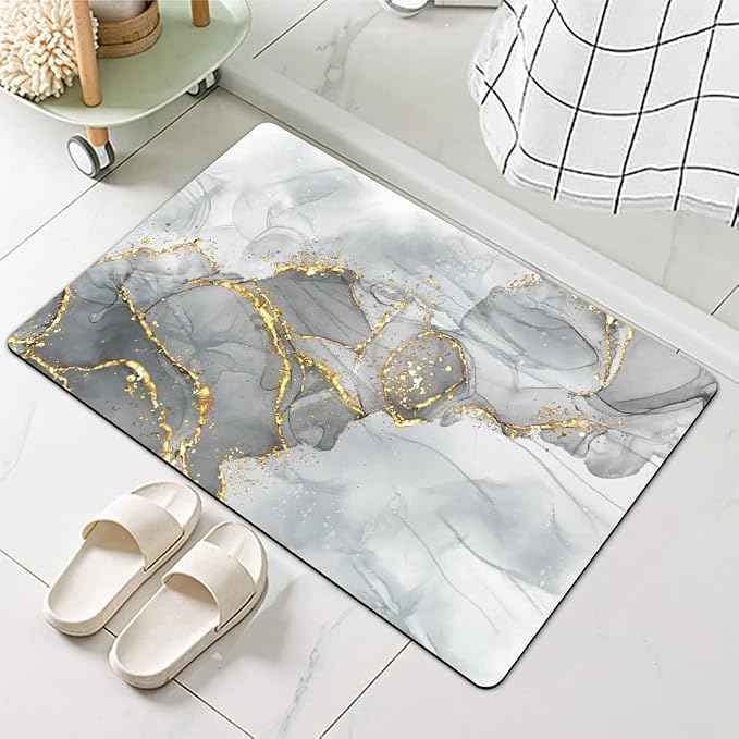 Diatomaceous Earth Bath Mat,Gold Grey Marble Non-Slip Volume Super Absorbent Fast Drying for Bathroom Kitchen Door mat,Eco-Friendly Easy to Clean 20×31Inch(50 * 80cm)