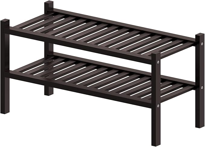 2 Tier (Thick) Bamboo Shoe Rack for Closet Free Standing Wood Shoe Shelf for Entryway Small Space Stackable 27"x12"x14" (Black Brown)