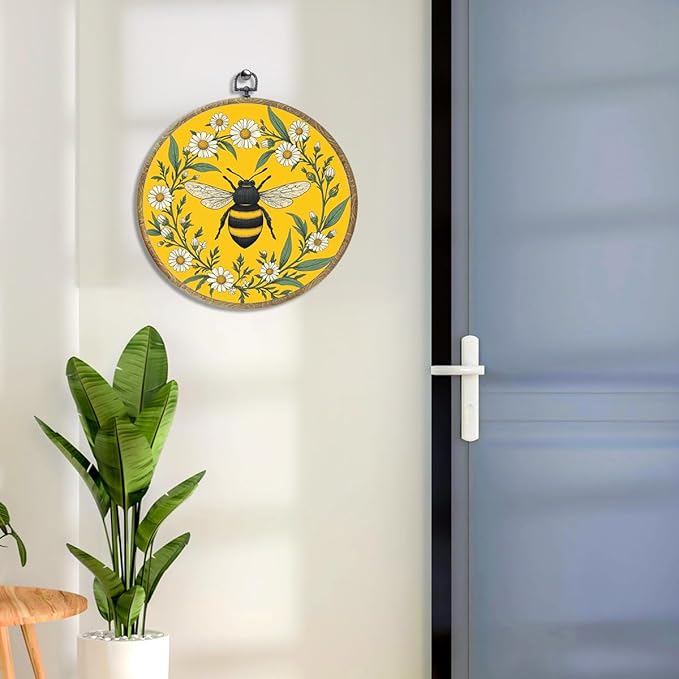 Cute Gold Vintage Floral Bee Gifts Bee Kitchen Decor Boho Art Framed Round Wall Decor Canvas Wall Art Hanging Prints Artwork for Home Garden Nursery Bedroom Living Room Decorations 10.2X10.2 Inch