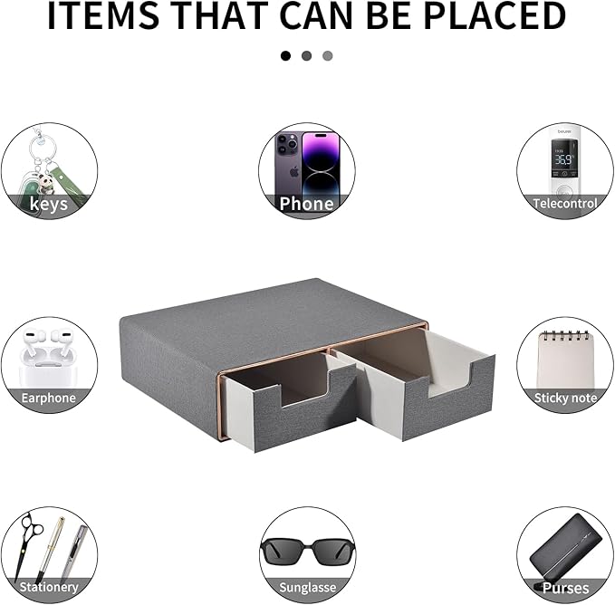 RHCSZ Linen Leather Desk Organizer with Drawers-Mini Desktop Drawer Organizer Stackable-Multifunctional Tabletop Organization Storage Box for Office Supplies Home Vanity Toiletries (Grey, 2-drawers)