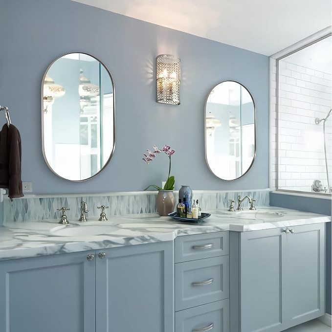 ANDY STAR Brushed Nickel Oval Bathroom Mirror, 20x33 inch Pill-Shaped Mirror for Wall HD Reflection Metal Frame Mirror for Bathroom Hang Vertical or Horizontal