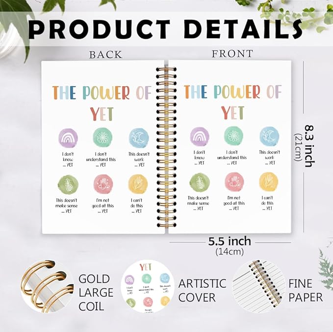 dvhdajed Mental Health Inspirational Spiral Notebook, the Power of Yet Growth Mindset Journaling Notebooks, Therapy Spiral Journal for Girls Women, Psychology Office School Supplies Gifts, 5.5x8.3 In