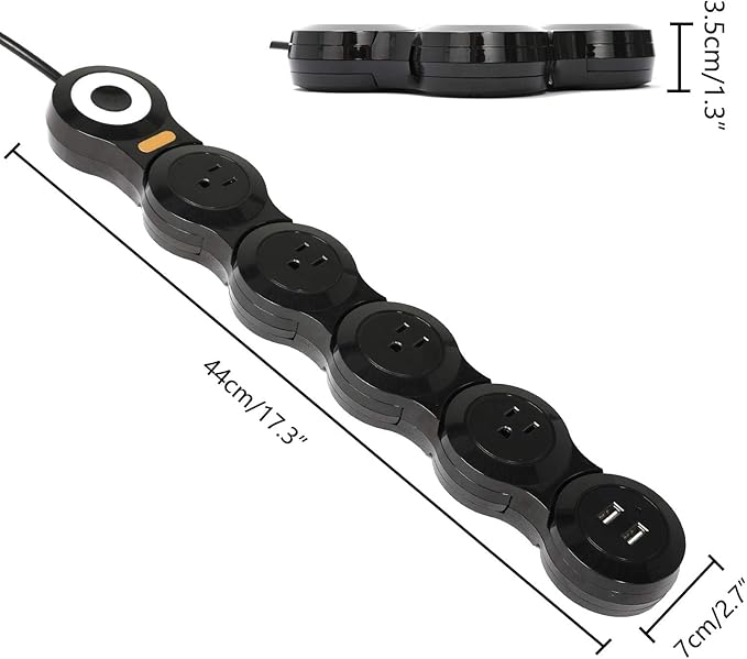 Deformation Power Cord for Large Plug Charger Socket -Flat Plug Power Strip with 2 USB Ports and 4 Multi Outlets, with 6.5FT Extension Cord