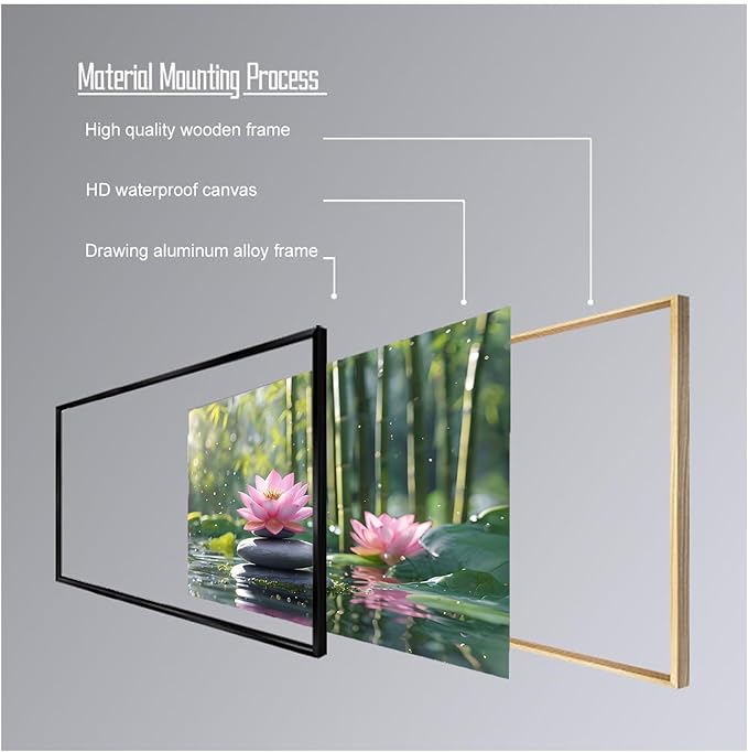 Ethereal pink lotus on obsidian Sunlit bamboo forest with sparkling water drops Poetic nature inspired wall art for tranquil homes and mindful spaces 12x18in Metal blackFramed