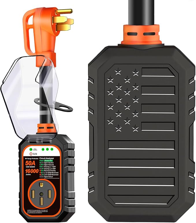 RV Surge Protector 50 Amp Flag Design - Upgraded 16000J Power Surges Voltage Protection Circuit Analyzer IP68 Waterproof Cover for 50A RVS Camper Trailer Must Haves (50Amp, Orange)