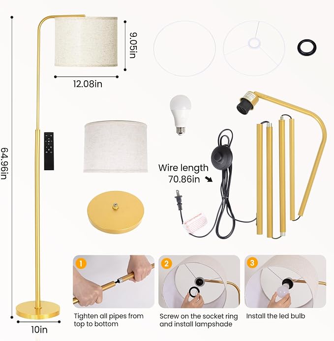 Floor Lamp for Living Room and Bedroom - Modern Standing Lamps Tall with Dimmable LED Bulb and Remote Control - Black Stand Arc Light With Shade for Reading Home Decor Corner and office(Gold)