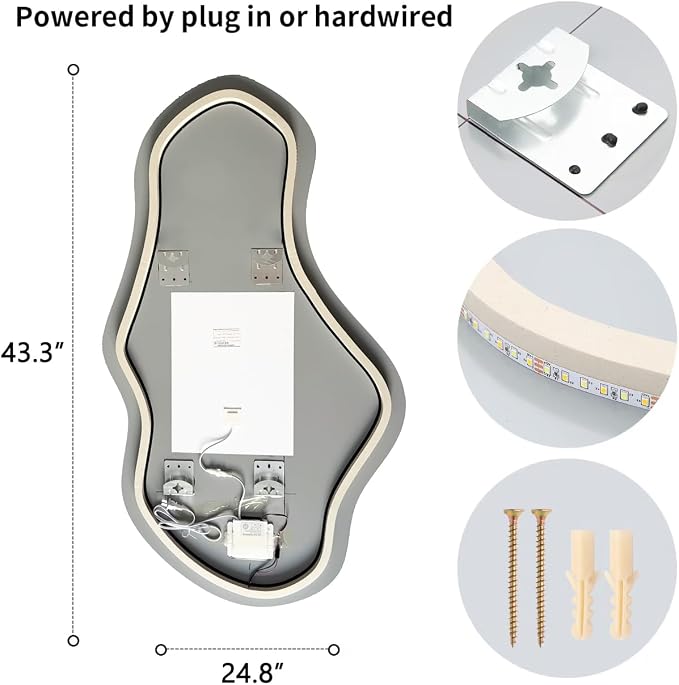 Modern Irregular LED Bathroom Mirror with Lights, Asymmetrical Frameless Smart Lighted Wall Mirror for Living Room Entryway, Large Decorative Makeup Vanity Mirror with Touch Switch(24.8″x43.3″)