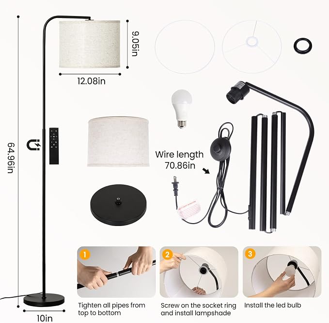 Floor Lamp for Living Room and Bedroom - Modern Standing Lamps Tall with Dimmable LED Bulb and Remote Control - Black Stand Arc Light With Shade for Reading Home Decor Corner and office(Black)