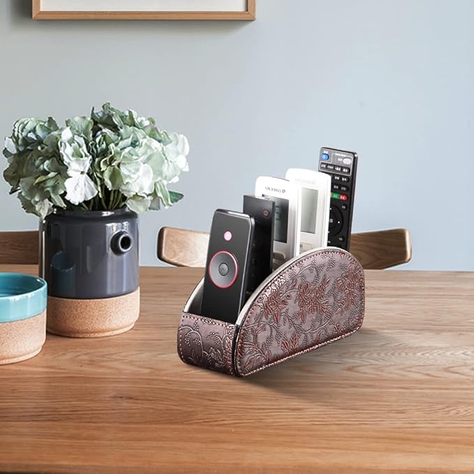 Arniche Leather Remote Control Holder,Universal TV Remote Organizer with 5 Compartments,Desktop or Bedside Table Organizer for DVD,Blu-Ray,Gaming and Streaming Remotes,Glasses and Accessories(Antique)