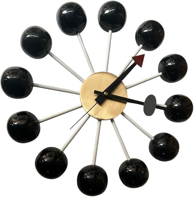 Mid Century Modern Ball Clock – George Nelson Style Wooden Wall Clock, Retro Starburst Design, Silent Non-Ticking Decorative Wall Decor for Living Room, Office, Kitchen & Home (Black, 30 Inch)