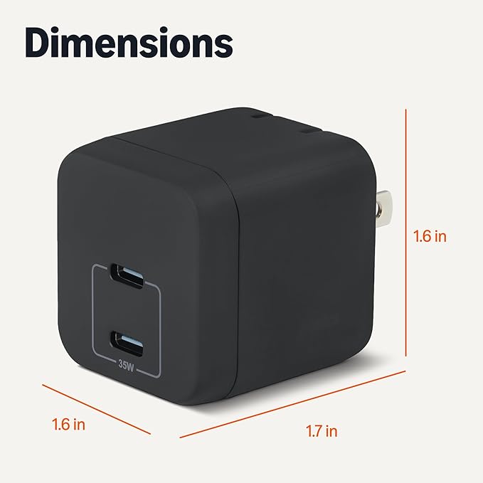 Amazon Basics Fast Charging USB C Nano GaN Wall Charger, 35W 2-Port for Tablets Phones, Black