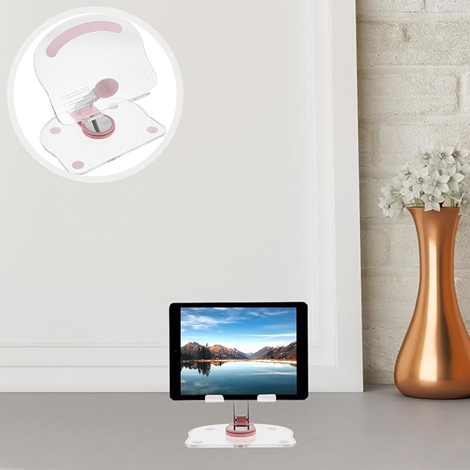BESPORTBLE Acrylic 360° Rotatable Tablet Stand Holder for Desk and Office Use Adjustable Foldable Tablet Cradle Compatible with Ipad and Pink Design for Home and Travel