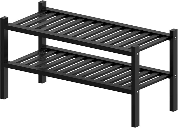 2 Tier (Thick) Bamboo Shoe Rack for Closet Free Standing Wood Shoe Shelf for Entryway Small Space Stackable 27"x12"x14" (Black)