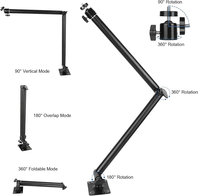 Articulating Camera Wall Mount with 1/4"-20 Threaded Compatible with DSLR/Security/Webcam/Action/LED Light/CCTV POV Camcorder Cameras,Adjustable Aluminium Alloy Arm Metal Base