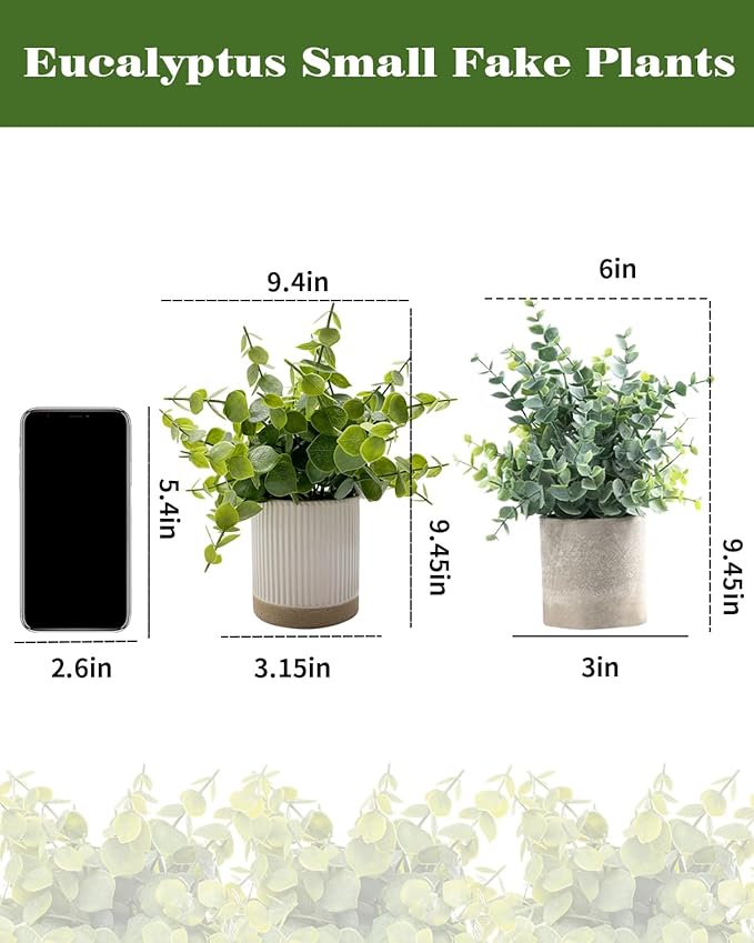 Coferset Small Fake Eucalyptus Potted Plants 9.5" Indoor Fake Plants Small Artificial Eucalyptus with Ceramic Pot-Realistic Greenery for Shelf Office Desk Home Bathroom Table Decor