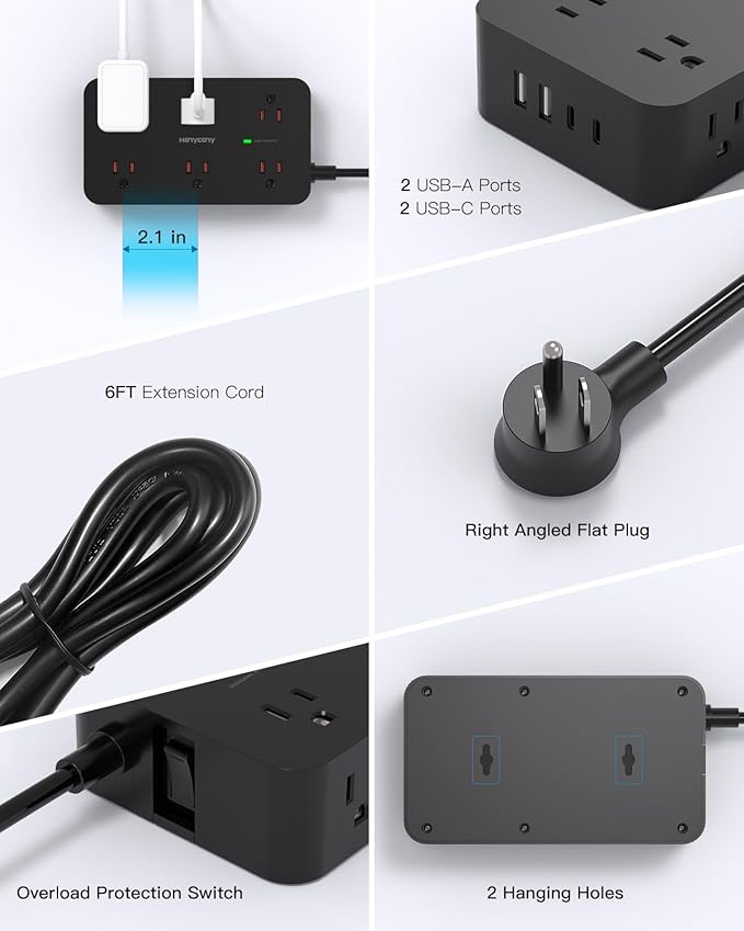 Power Strip Surge Protector with 12 Outlets 4 USB Ports(2 USB C), HANYCONY Black Flat Extension Cord 6 Feet, 1800J, Wall Mount, Desk Charging Station for Office Home College Dorm Room Essentials
