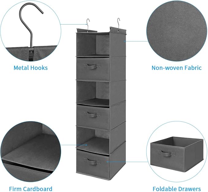 MAX Houser 6 Tier Shelf Hanging Closet Organizer, Closet Hanging Shelf with 2 Sturdy Hooks for Storage, Foldable (Grey-D3)