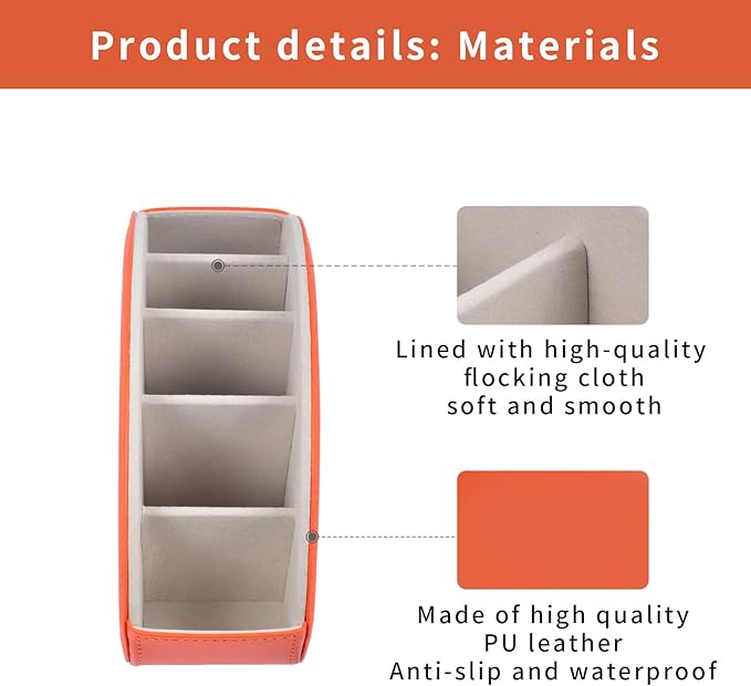 RHCSZ Remote Control Holder,TV Remote Caddy/Box with 5 Compartments,Bedside Table Organizer for Controller,Glasses,makeup brushes,jewelry and Media Player,Pen/Pencil Storage(Orange)