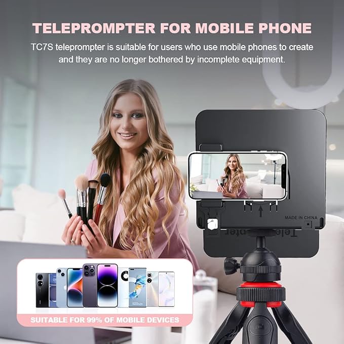 LENSGO TC7S Portable Teleprompter for Phone, One-Second Fold Mini Teleprompter with Remote Control,App Compatible with iPhone & Android for Online Teaching Vlog Live Streaming Interview