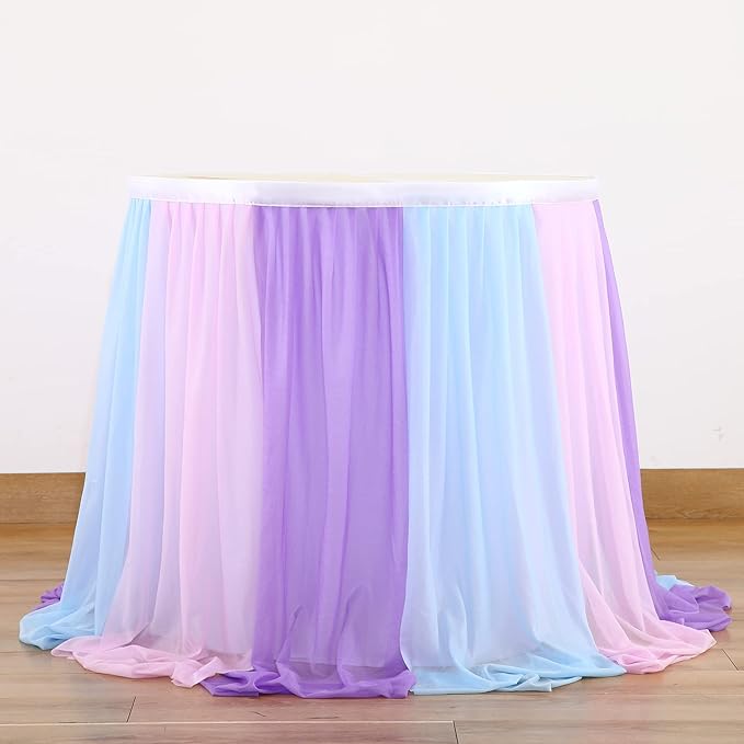 Mermaid Tulle Table Skirt Blue Pink Purple Striped Table Skirts for Rectangle Tables Frozen Baby Shower Mermaid Birthday Parties Decoration 9ft