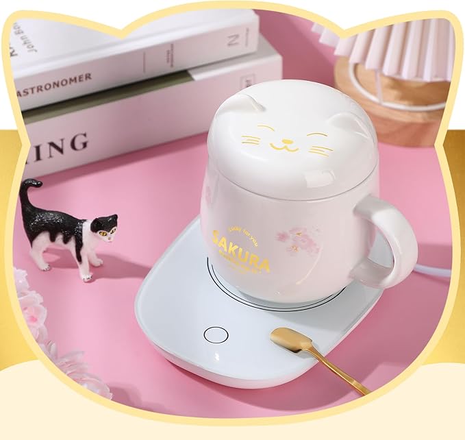 Honeydak Coffee Mug Warmer Cute Cat Mug Set Cup Warmer for Women Heated Coffee Warmers for Mom Home Office Desk Valentine's Day Anniversary Birthday Gifts(Sakura,White)
