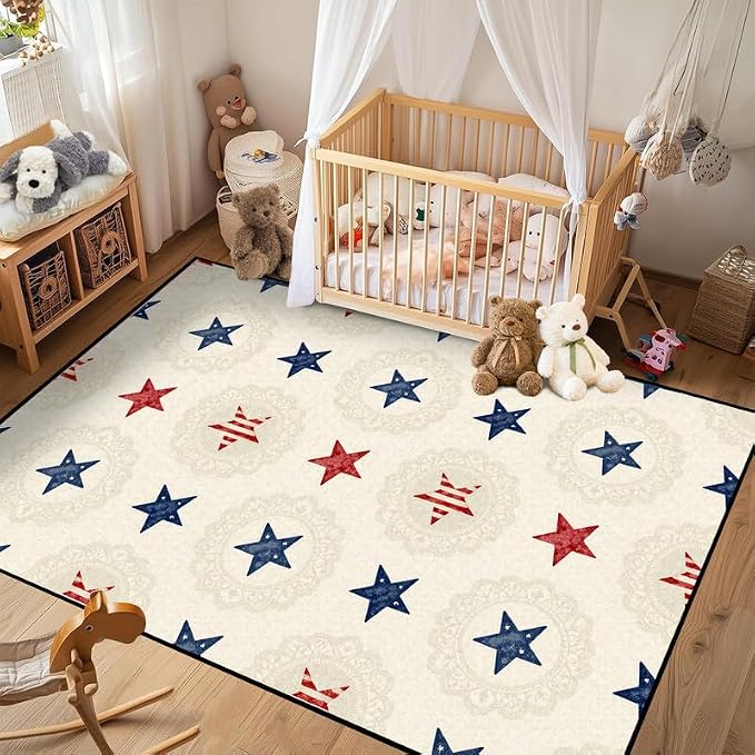Star Area Rug 5'x7' Vintage Red Blue White Carpet Washable Low Pile Floor Mat Rugs for Bedroom Living Room Nursery Playroom Classroom Home Decor