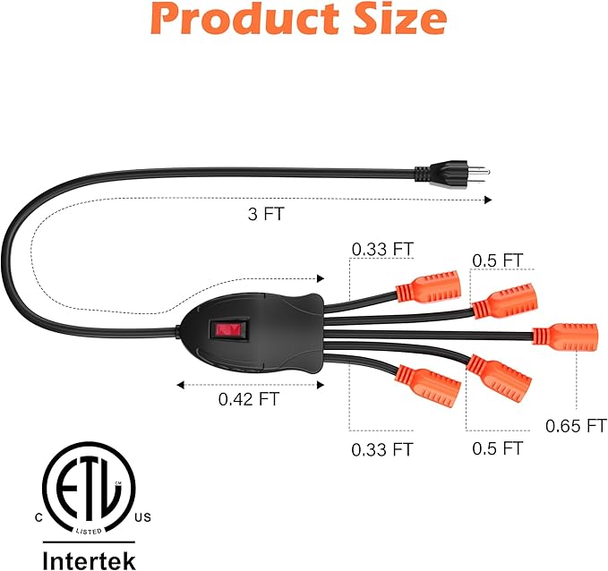 1 to 5 Outlet Power Squid Y Splitter 3 Ft Extension Cord with On/Off Switch, 3 Prong Multiplier Power Strip Surge Protector,Indicator&Resettable,14AWG 15A SJT for Lights Appliances Workshop Garage-ETL