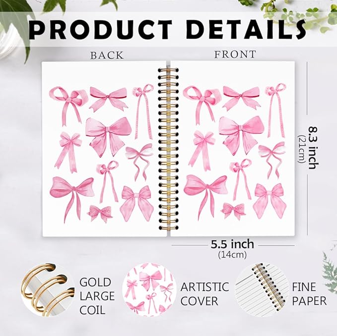 dvhdajed Coquette Pink Bow Spiral Notebook, Preppy Girly Journaling Notebooks, Preppy Bow Spiral Journal for Girls Women Teen Girls, Pink Girly Office School Supplies Gifts, 5.5x8.3 In