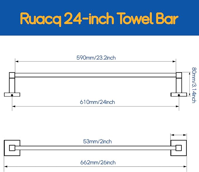 RUACQ Black Towel Bar 24 inch, 304 Stainless Steel Towel Racks for Bathroom Wall Mounted, Heavy Duty Bath Towel Rod with Square Base(Matte Black)