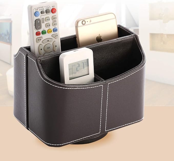 RHCSZ PU Leather Remote Control Holder 360 Degree Spinning Desk Organizer Storage Box for Remote Caddy,TV Guide, Mail, Electronics, Pen,Stationery and Media Storage (Brown)