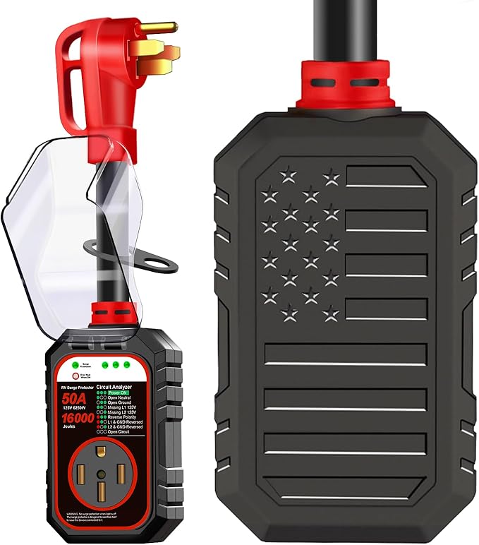 RV Surge Protector 50 Amp Flag Design - Upgraded 16000J Power Surges Voltage Protection Circuit Analyzer IP68 Waterproof Cover for 50A RVS Camper Trailer Must Haves (50Amp, Red)