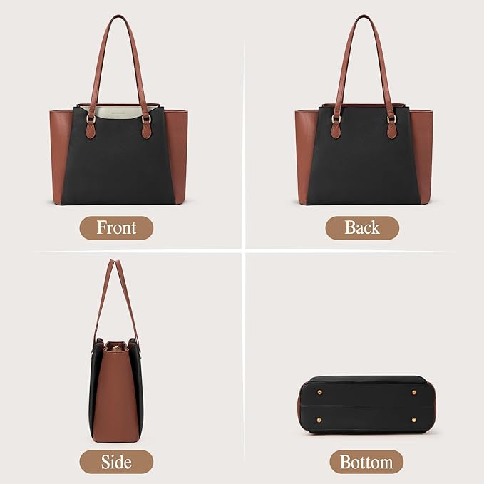 RAINSMORE Laptop Bag for Women 15.6 Inch Work Tote Bags Waterproof Computer Bags Leather Professional Laptop Purse Womens Laptop Briefcase Large Handbag for Office Teacher Travel, Black Brown White