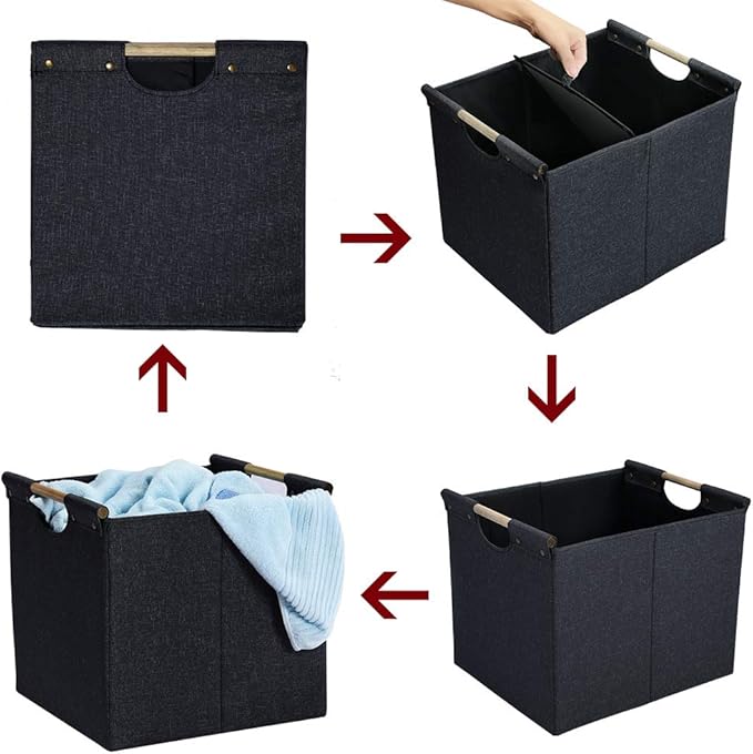 HOONEX Large Collapsible Storage Bins, Linen Fabric, 2 Pack, Storage Baskets with Wooden Carry Handles and Sturdy Heavy Cardboard, for Home, Office, Car, Nursery, Dark Grey