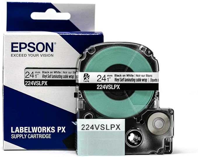 Epson LABELWORKS 224VSLPX Genuine Tape Cartridge - Black on White Flexible and Durable Vinyl Self Laminating Overwrap Industrial Label Maker Tape - 1" (24MM) Wide, 26.2 ft
