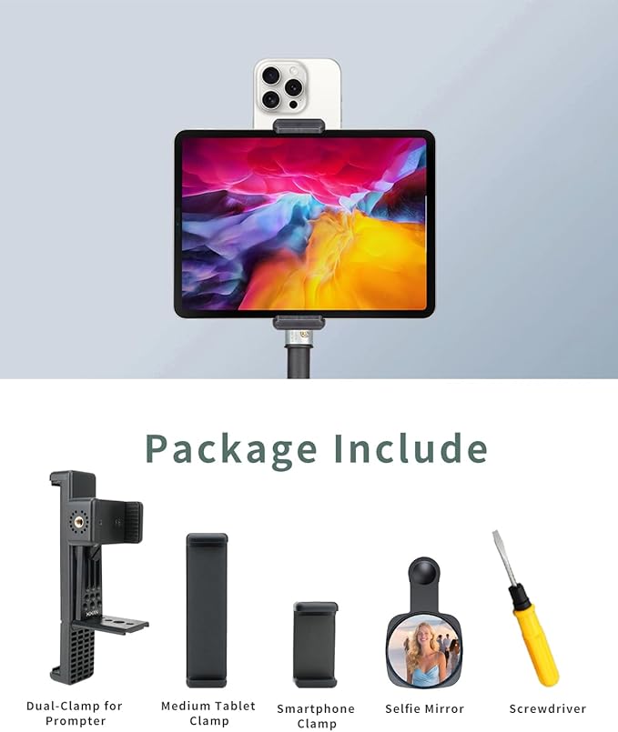 Metal Dual Device Tablet & Phone Holder Tripod Mount Adapter Set for Live Streaming and Teleprompter - Compatible with Tripods, Monopods, Selfie Sticks, Heads, Gimbals and Stabilizers