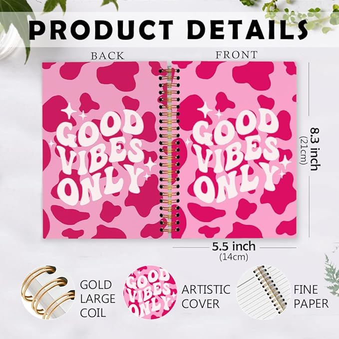 dvhdajed Pink Good Vibes Only Spiral Notebook, Preppy Inspirational Journaling Notebooks, Motivational Spiral Journal for Girls Women, Pink Postive Office School Supplies Gifts, 5.5x8.3 In