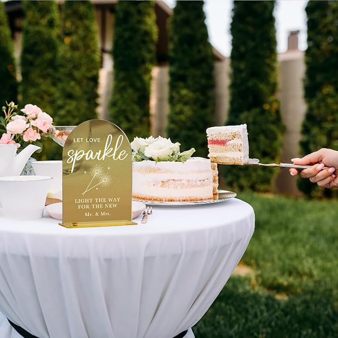Acrylic Wedding Sign, Bridal Shower Decorations, Let Love Sparkle Sign for Ceremony, Modern Font Table Signs, Gold Mirror Arched Acrylic Tabletop Signs for Wedding Reception and Event Party