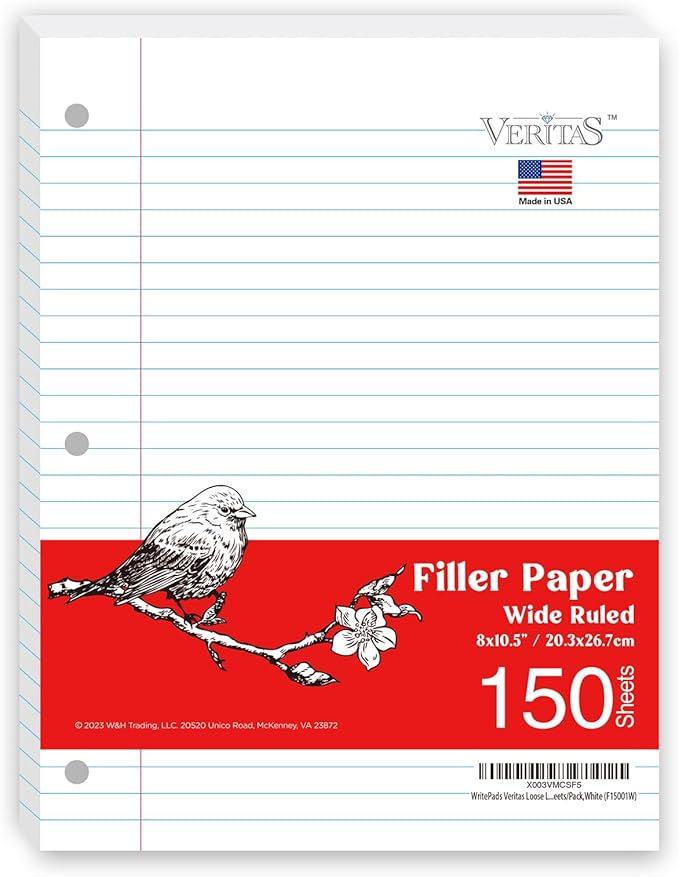 WritePads Notebook Paper Wide Ruled Loose Leaf Paper, Standard 8"x10-1/2" Bulk Lined Paper, 3 Hole Punched Filler Paper For 3 Ring Binder,150 Sheets/Pack, 4 Pack, White, MADE IN USA