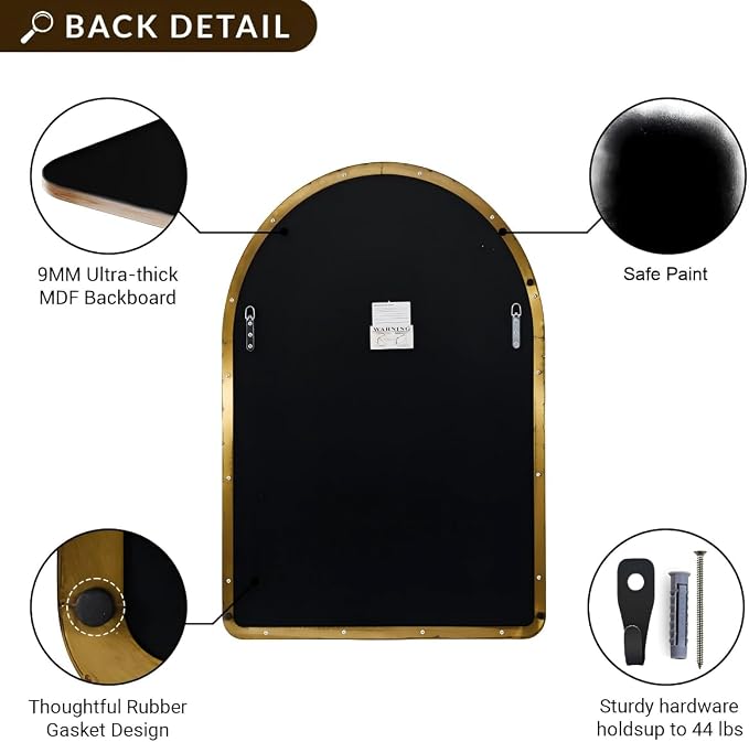 ANDY STAR Arched Mirror, 28 x 36 Inch Brushed Gold Wall Mirror in Stainless Steel Metal Frame, Arch Top Rounded Corner 1 Inch Deep Set Design Wall Mount Hangs Vertical