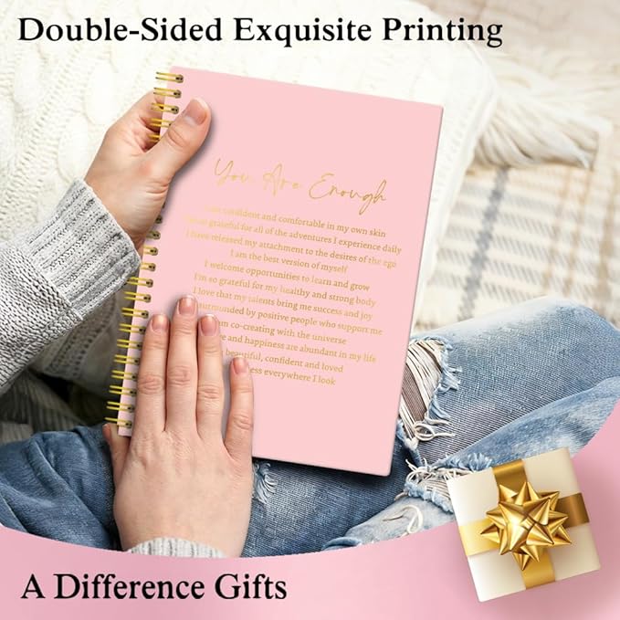 XQLZY Funny Enough Definition Pink Spiral Notebook - 160 Blank Pages Inspirational Journal, Daily Affirmation Gifts for Daughter Sister BFF Coworker, Positive Gifts for Mom