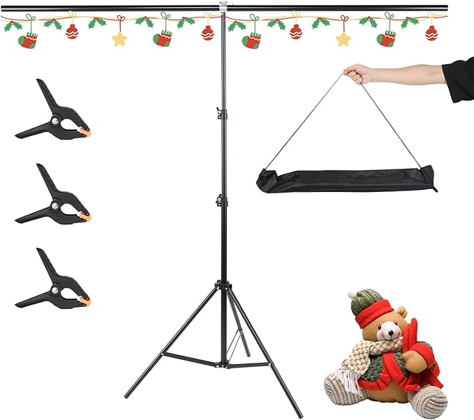 UTEBIT T-Shape Backdrop Stand Support Kit 6.6x5ft, Adjustable Photo Backdrop Stand with 3 Strong Spring Clamps, Photography Videography Studio Green Screen Backdrop Stand Portable for Parties
