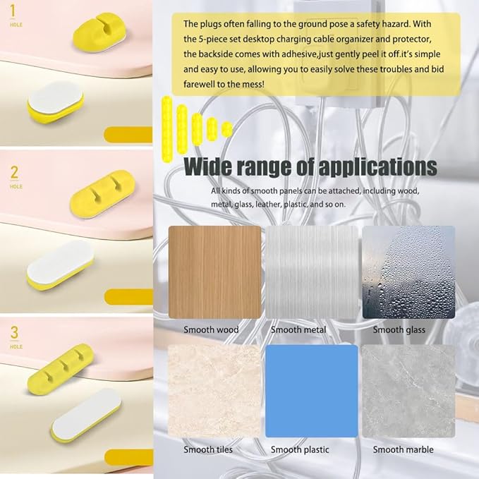 Cable Holder Clips,5 Packs Yellow Cable Management Cord Organizer Clips Silicone Self Adhesive for Desktop USB Charging Cable Nightstand Power Cord Mouse Cable Wire PC Office Home(7-5-3-2-1 Slots)