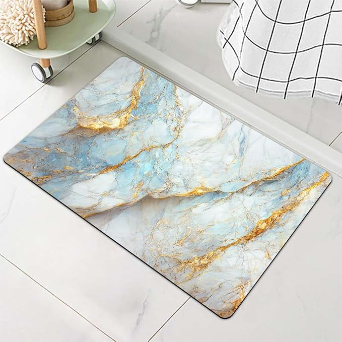 Diatomaceous Earth Bath Mat,Blue, White and Gold Marble Non-Slip Volume Super Absorbent Fast Drying for Bathroom Kitchen Door mat,Eco-Friendly Easy to Clean 17×27.5Inch (43 * 70cm)