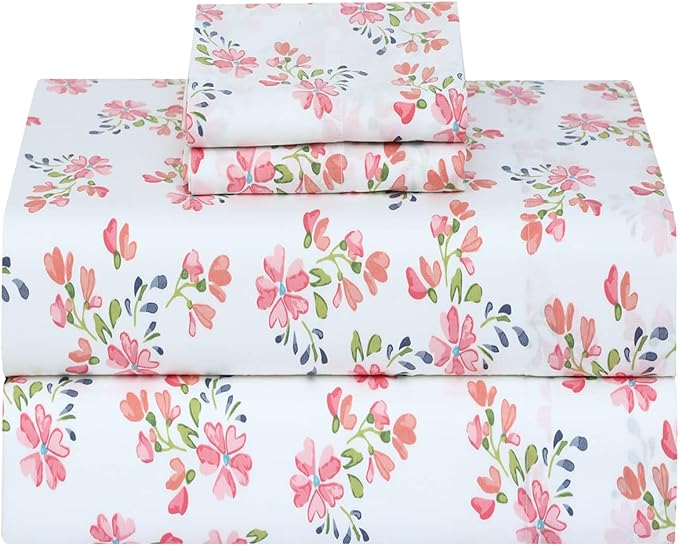 RUVANTI 100% Cotton Sheets Queen Size Set, 4 Pieces, Soft & Breathable Percale Weave Bedding, Deep Pocket 16", Hotel Standard, Crisp Cool Feeling, Durable, Perfect Floral Bed Sheet, Bloomex