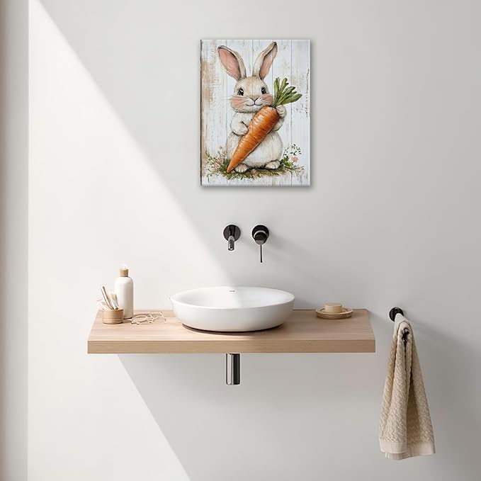 Rabbit Wall Art, Easter Bunny Pictures Wall Decor, Farmhouse Rabbit Carrot Canvas Prints, Rustic Cute Animal Painting Framed Artwork for Bathroom Living Room Bedroom Office Dining Room 16"X12"