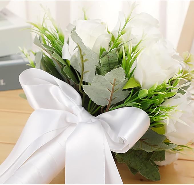CYANLUX Wedding Bouquets for Bride Bridesmaid Bouquet Champagne White Artificial Roses Flowers for Wedding Valentine's Day Church Home Decoration (White)ā¦