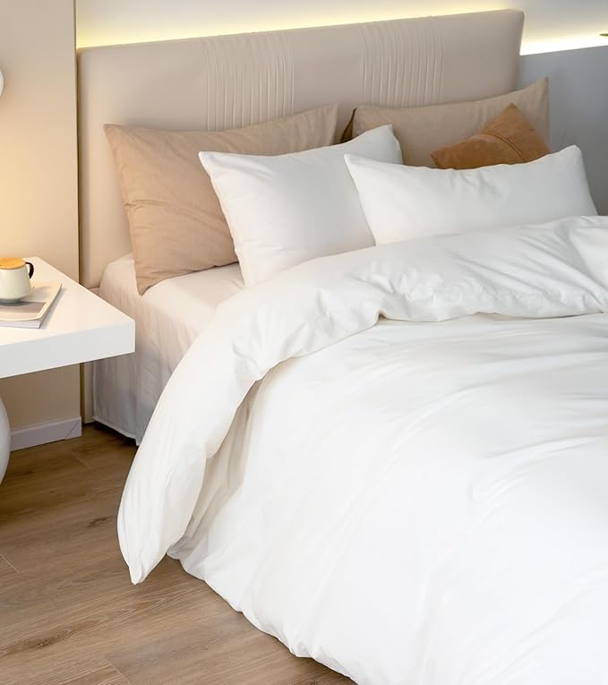 JIYUAN 100% Washed Cotton Duvet Cover Set 3 Pieces Full, 1 Duvet Cover 80x90 Inches(Comforter Not Included) and 2 Pillowcases,Linen Feel Bedding Set Comfy and Breathable,Bright White