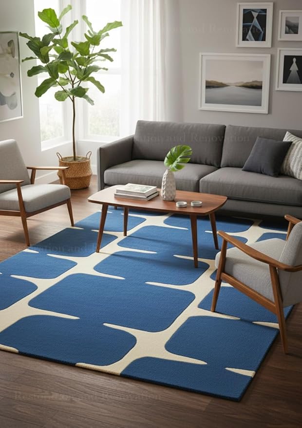 Restoration and Renovation Modern Wool Area Rug - Contemporary Abstract Geometric Design, Thick & Soft Hand-Tufted Carpet - Ideal for Indoor Decor in Living Room, Bedroom (Denim Blue, 9' x 12')